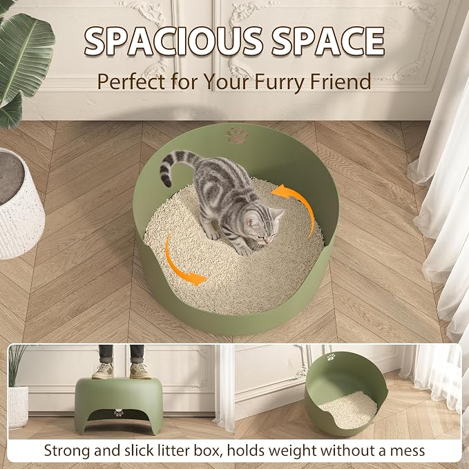 High Sides Low Entry Large Litter Pan (21.6x21.6x13.1 Inches), All-in-One Easy to Clean Plastic Litter Box for Kittens, Elderly & Large Cats, Doubles as Stylish Cat Bed, Green