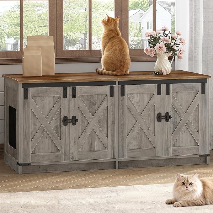 Hzuaneri Cat Litter Box Enclosure for 2 Cats, Hidden Litter Box Furniture Cabinet with Double Room, Indoor Cat House, Farmhouse Style, 46.7 x 18.9 x 21.1 Inches, Greige CB85305X