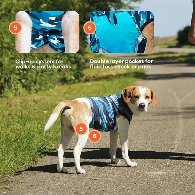Suitical Recovery Suit for Dogs - Spay & Neutering Dog Surgery Recovery Suit for Male or Female - Soft Fabric for Skin Conditions - 2XS Neck to Tail 13.0-16.6 Inch - Chest 16-20 Inch - Blue Camouflage
