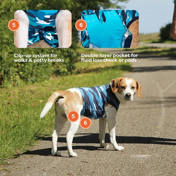 Suitical Recovery Suit for Dogs - Spay & Neutering Dog Surgery Recovery Suit for Male or Female - Soft Fabric for Skin Conditions - S+ Neck to Tail 19.3-22.4 Inch, Chest 25-35.5 Inch - Blue Camouflage