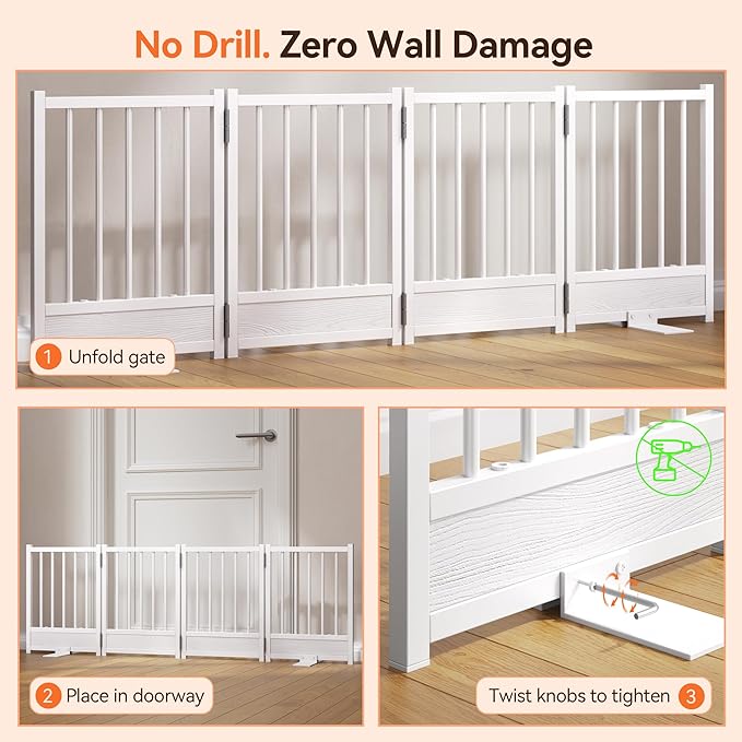 Reinforced Base Small Dog Gate, 48x15.7Inch No Drill Foldable Pet Fence, White Heavy Duty Puppy Barrier for Doorways, Modern Step-Over Metal Dog Gate for House, Anti-Tip Smooth Panel, Holds 200+ lb