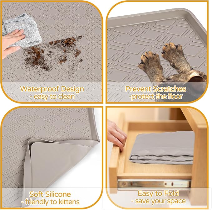 Cat Food Mat, 42" x 29" Large Silicone Mat Cat Feeding Mat with Raised Edge Non-Slip Pet Feeding Mat for Food and Water Bowl, Easy to Clean, Floor Protection (Beige)