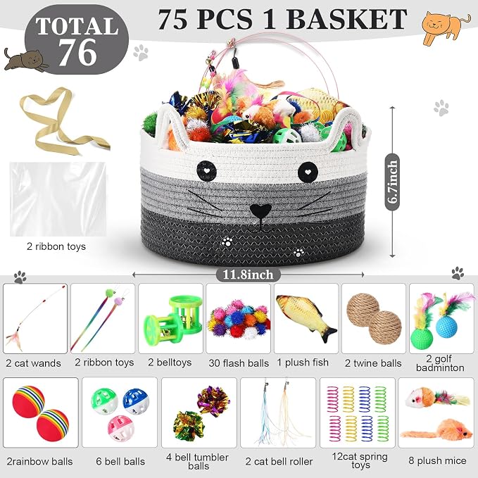 Zopeal 76 Pcs Graduation Cat Storage Basket Gift Toys Set Interactive Cat Toys Kitten Wand Colorful Flashing Balls Pet Crinkle Balls Attract Kitten to Swat, Hunt for Pet Indoor(Grey)