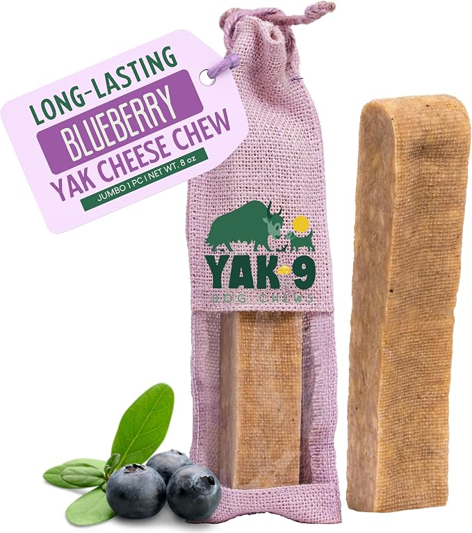 Yak9 Himalayan Yak Cheese Dog Chews, Blueberry | High Protein, Non Rawhide Dog Chews Long Lasting | Non GMO, Gluten Free, Grain Free Yak Milk Dog Chew | Jumbo Size, 1 PC