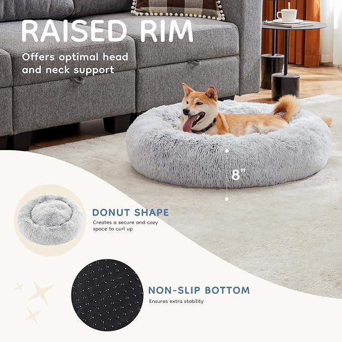 DUMOS Donut Dog Beds for Large Dogs, 37.4x37.4 Inch Machine Washable Cuddler Warming Cozy Fluffy Faux Fur Plush Round Pet Bed, Anti-Slip Bed for Indoor Dogs and Cats, Grey