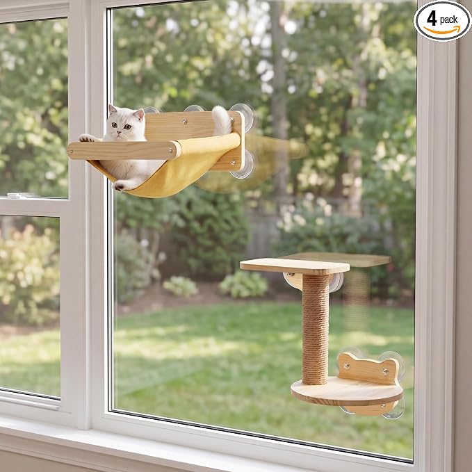Cat Window Hammock Bed 4pcs/Set Cat Window Perch for Indoor Cats Seat with Two Shelves and One Scratching Post Sunction Cup Mounted