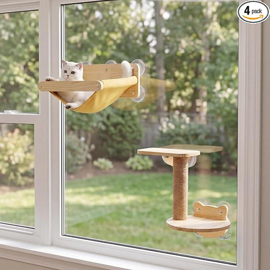 Cat Window Hammock Bed 4pcs/Set Cat Window Perch for Indoor Cats Seat with Two Shelves and One Scratching Post Sunction Cup Mounted