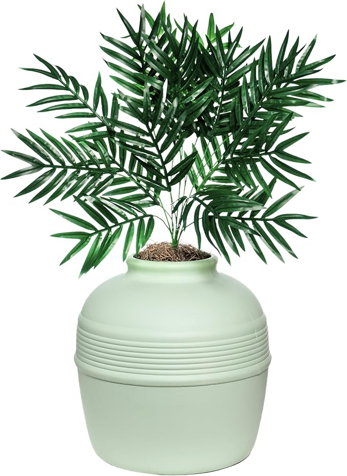 Good Pet Stuff Original Hidden Litter Box Planter, Decorative Cat Litter Enclosure, Carbon Filter, Faux Plant, Easy to Clean, Round Design, Removable Tray, Essentials Kit, Palm Plant, Mint Green