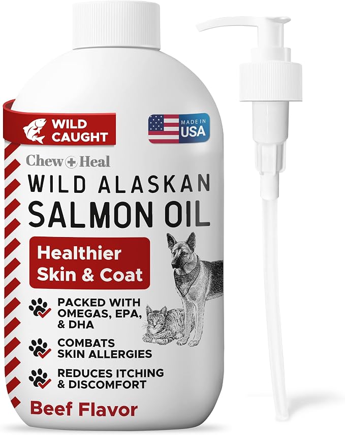 Pure Wild Alaskan Salmon Oil for Dogs - 16 oz. Beef Flavored Salmon Oil - Pump Cap Bottle - Contains Omega-3 and 6, EPA, and DHA for Healthy Skin and Coat - Toxin Free