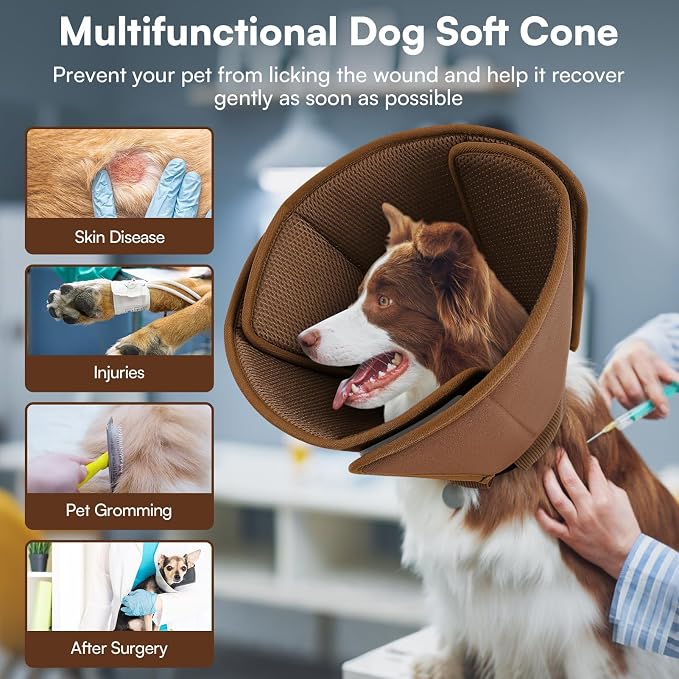 Queennmore Soft Recovery Cone for Small Dogs & Cats,Adjustable Comfy Dog Cone Alternative for Post-Surgery Wound Healing,Coffee,S
