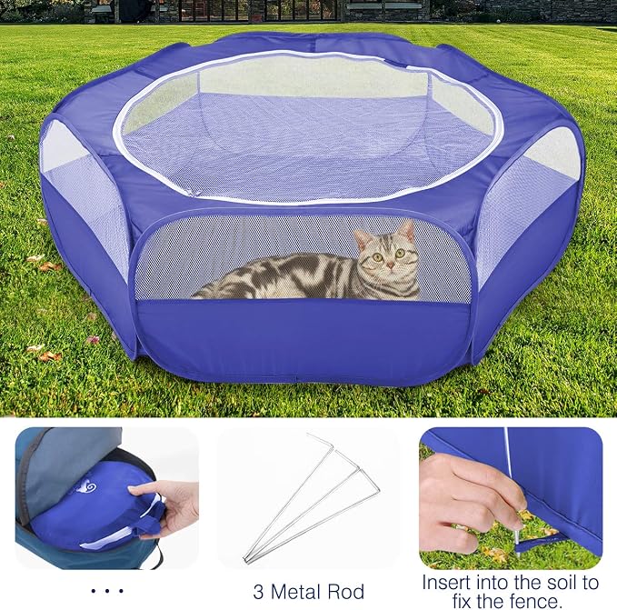 Pawaboo Small Animals Playpen, Waterproof Small Pet Cage Tent with Zippered Cover, Portable Outdoor Yard Fence with 3 Metal Rod for Chick/Kitten/Puppy/Guinea Pig/Rabbits/Hamster/Chinchillas,Indigo