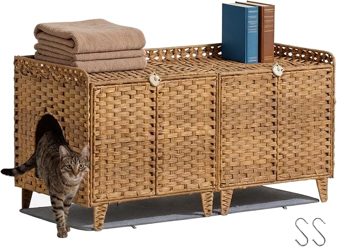 Rattan Litter Box Enclosure Double Room Cat Hidden Litterbox Furniture with Removable Litter Mat & 2 Hooks, Natural Cat House End Table, Easy Assembly, 47.2" l x 19.7" w x 23.6" h Natural