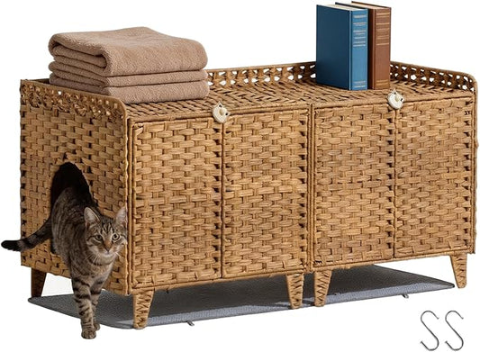 Rattan Litter Box Enclosure Double Room Cat Hidden Litterbox Furniture with Removable Litter Mat & 2 Hooks, Natural Cat House End Table, Easy Assembly, 47.2" l x 19.7" w x 23.6" h Natural