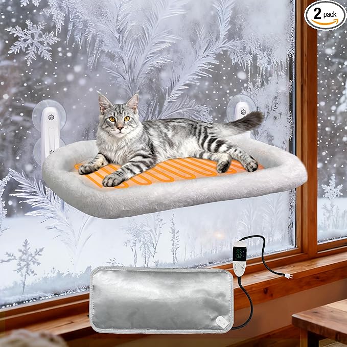 L&W BROS. 2PC Cat Heated Window Perches with Adjustable Thermostat & Timer – Dual Hammocks with Strong Suction Cups, Easy-to-Clean Warm Beds for Multi-Cat Homes, Holds Up to 50lbs Each (L 2PC)