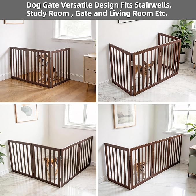 Dog Gate Indoor, Freestanding Dog Fence for The House, Doorways, Hallways,or Stairs,Pet Gate Foldable Wooden,Expandable 32" Height 3 Panels,Brown