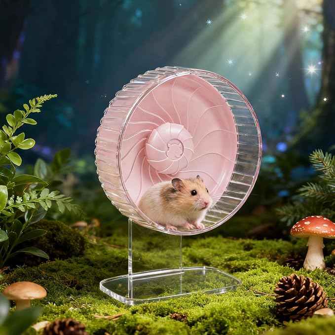Silent Hamster Wheel, 10in Hamster Wheel with Adjustable Stand, Double-Bearing Quiet Spinner for Syrian Hamsters, Hedgehogs, Mice & Small Pets, Pink