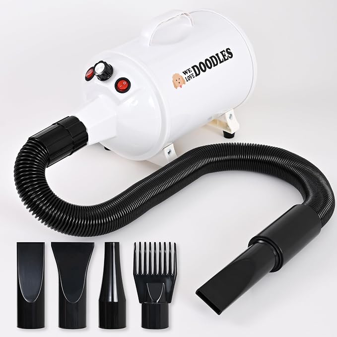 We Love Doodles Dog Dryer with Adjustable Speed & Temperature Control - High Velocity Hair Dryer for Dogs, Pet Hair Dryer, Dry Quickly & Blow Out Undercoat - Grooming (White, Plastic)