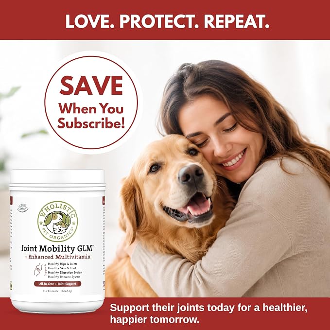 Wholistic Pet Organics - Hip and Joint Supplement for Dogs & Cats - Cat and Dog Joint Supplement - Green Lipped Mussels, Chondroitin, Glucosamine for Dogs & Cat Mobility Support - 1 Lb - 45 Scoops