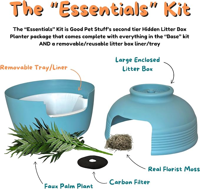 Good Pet Stuff Original Hidden Litter Box Planter, Decorative Cat Litter Enclosure, Carbon Filter, Faux Plant, Easy to Clean, Round Design, Removable Tray, Essentials Kit, Palm Plant, Coastal Blue