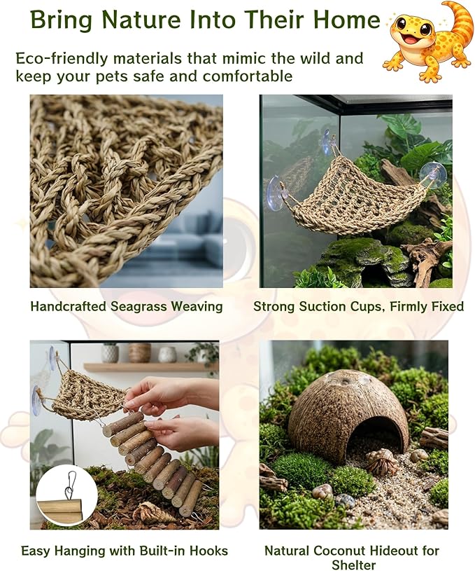 12-in-1 Hermit Crab Accessories Kit, 2026 New Kit for Bearded Dragon, Coconut Shell Hideout, Climbing Bridge, Hammock, Vines & Plants, Reptile Terrarium Decor for Gecko, Lizard, Amphibians