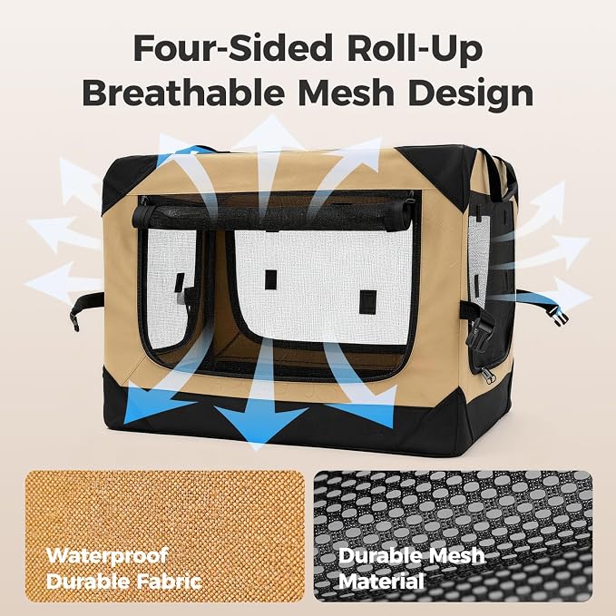 42 Inch Soft Collapsible Crate for Extra Large Dogs, 4-Door Portable Foldable Soft Kennel with Chew Proof Mesh Windows for Indoor & Outdoor Travel Beige