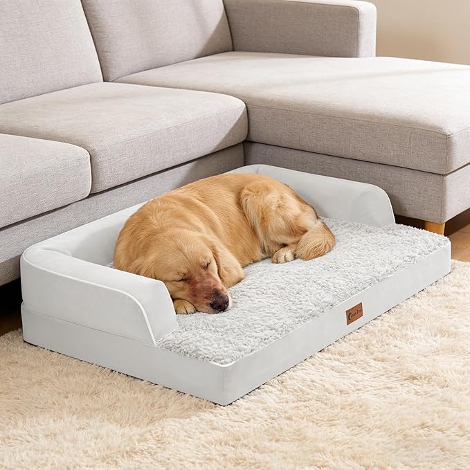 Orthopedic Dog Beds for Large Medium Sized Dogs, Waterproof Egg Crate Foam Large Dog Couch Beds with Comfy Bolster 36x27Inch, Washable Pet Beds with Removable Cover, Grey White