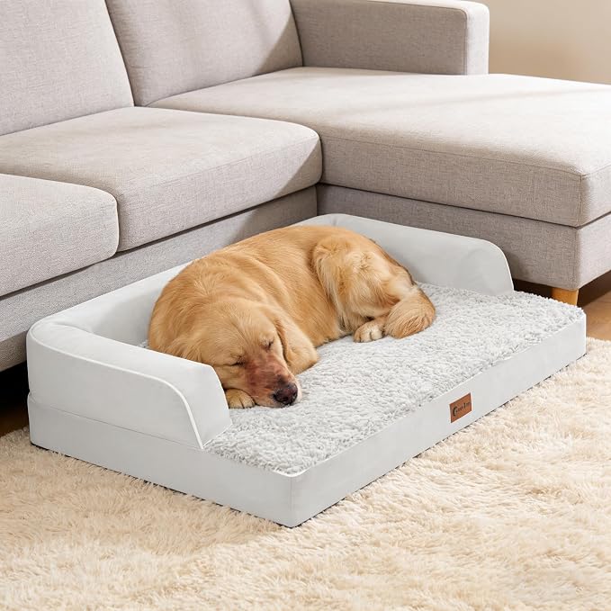 Orthopedic Dog Beds for Extra Large Dogs, Waterproof Egg Crate Foam XL Dog Bed with Sides 41x27Inch, Washable Big Dogs Couch Beds with Removable Cover and Nonskid Bottom, Grey White