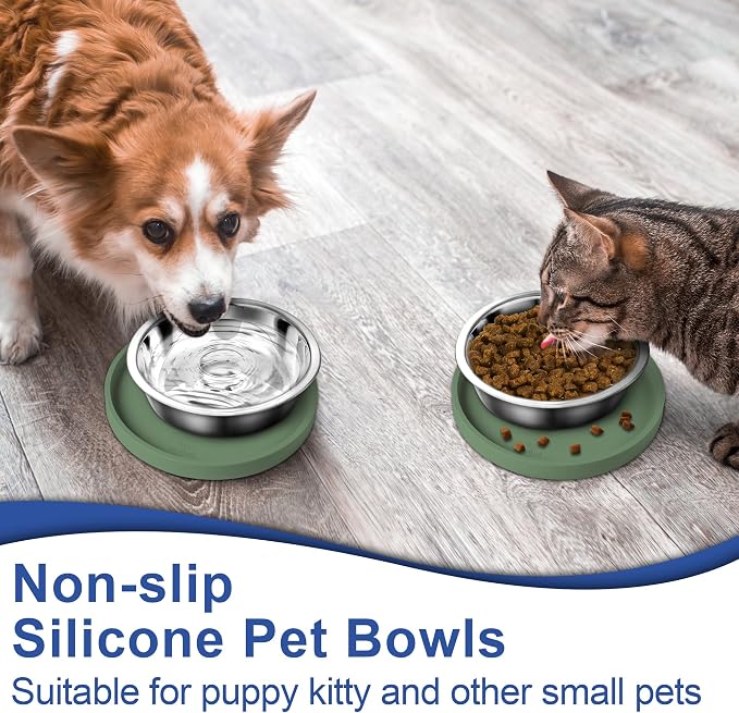 Arespark Pet Silicone Food Mat, 6in x 6in Set of 2 Nonslip Waterproof Feeding Bowl Mat with Raised Edges for Food and Water Prevent Spills, Round Eating Tray for Dog Cat Puppy Kitten (Olive Green)