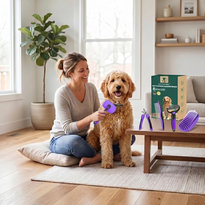 Self Cleaning Slicker Brush for Dog - 5 PCS Dog Brush Grooming Kit,Undercoat Rake Brush Comb for Small Large Dogs Cats, Dog Hair Brush Set, Grooming Deshedding at Home or Travel, Purple
