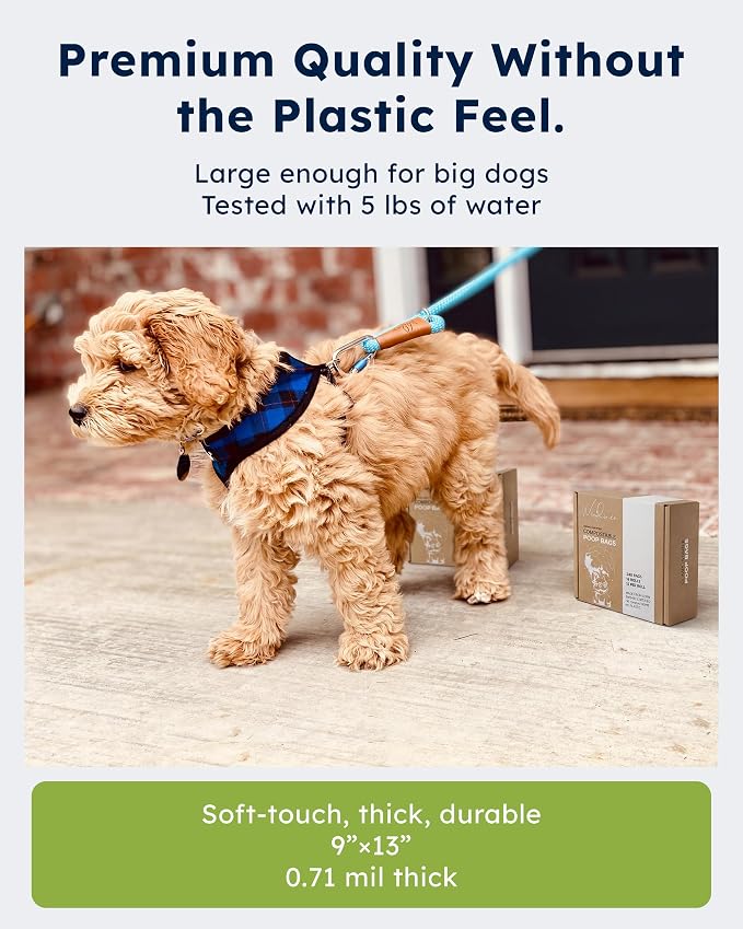 Wooflinen Home Compostable Dog Poop Bags – Leak-Proof Dog Poop Bags Rolls – Large 9x13”, Durable, Easy Tear – Made from Plant & PBAT Material – For Big & Small Dogs – 120 Bags (8 Rolls)