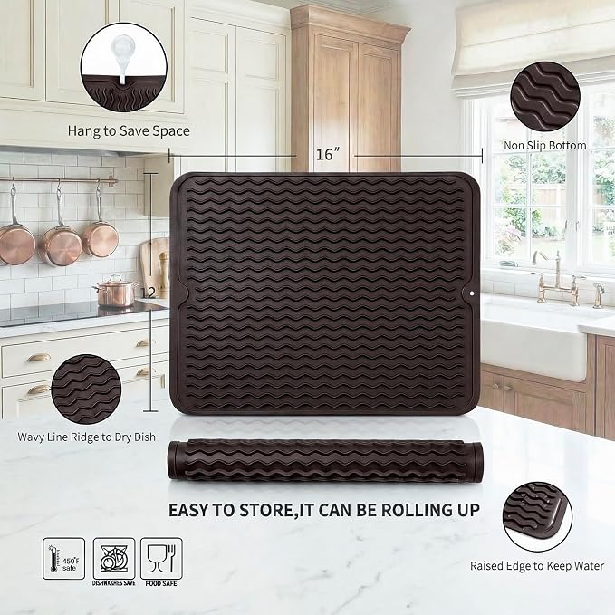 MicoYang Silicone Dish Drying Mat — Quick-Dry Ridges Counter & Sink Pad, Heat-Resistant Trivet to 450°F, Non-Slip & Dishwasher Safe, Roll-Up Storage, 18 Colors & 9 Sizes (Coffee, 16"×12")