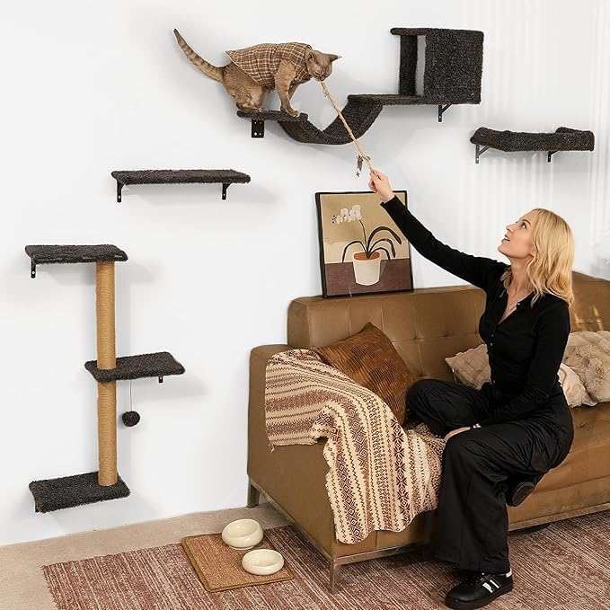 FUKUMARU Cat Wall Shelves, Stable & Safe 4 in 1 Cat Walls Furniture Set, Wooden Kitten Climbing Wall with Scratching Post for 16 Inch Drywall - Gray