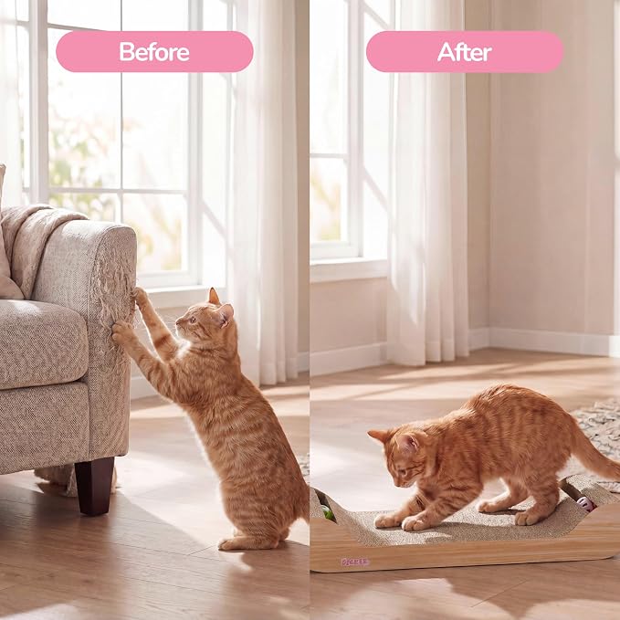 Rini 23.75" Modern Cardboard Cat Scratcher Lounge Bed with Built-in Bell Toys and Catnip, Ergonomic Curved Sofa Design, Oak Wood Finish CSR1003C