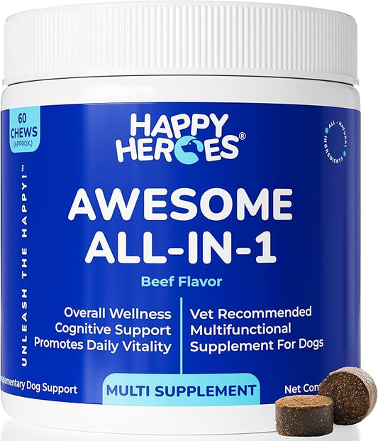 Awesome All-in-1 Dog Treats, 100% Natural Supplement, Supports Dog Joint Health, Cognition, Skin & Coat, Allergy and Itch Relief, with Probiotics for Gut Health, 120 Soft Chews