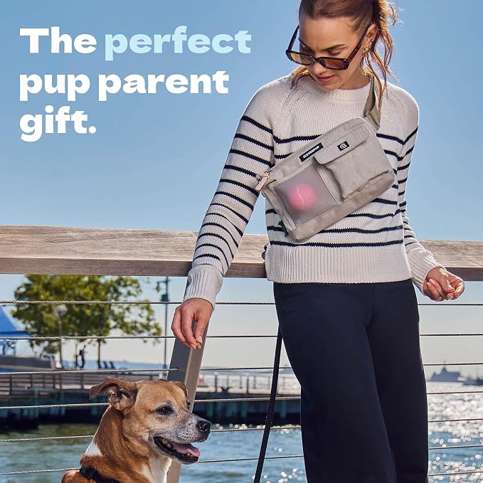 Cleverpup Dog Walk & Train Sling Bag - Hands-Free Dog Walking & Training Bag with Treat Pouch, Poop Bag Holder & Phone Pocket - Crossbody or Fanny Pack, Adjustable Strap - Sand