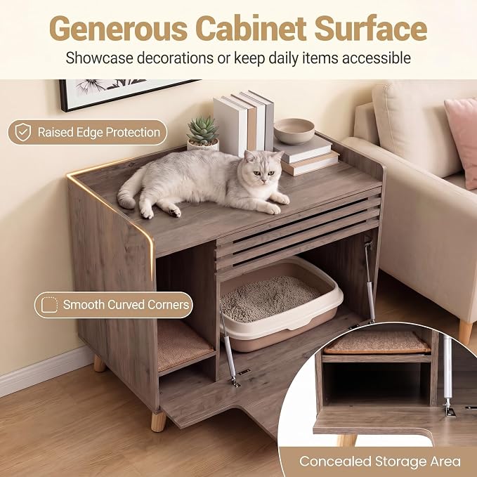 Tangkula Farmhouse Litter Box Enclosure, Cat Litter Box Furniture Hidden with Flip-Down Opening Door, Scratching Mat, 31.5 Inch Wooden Cat Washroom Side Cabinet with Storage for Indoor Cats (Brown)