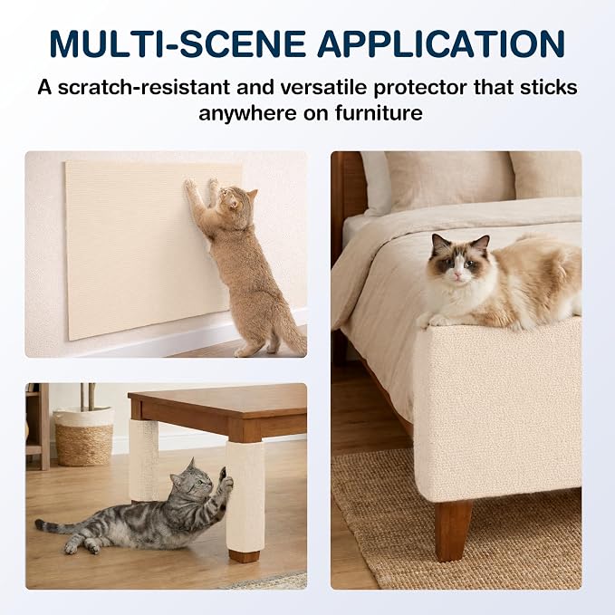 157.5" x 15.8" Cat Scratch Furniture Protector, Self-Adhesive Couch Protector from Cat Claws, Cats Scratching Mat for Sofa, Wall & Door, DIY Cat Scratch Pads Replacement, 2 Pack (Off White)