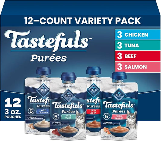 Blue Buffalo Tastefuls Purées Variety Pack Wet Cat Food Complement (Salmon, Chicken, Tuna, Beef) Made with Natural Ingredients, for All Life Stages, 3-oz. Resealable Pouches (12 Count)