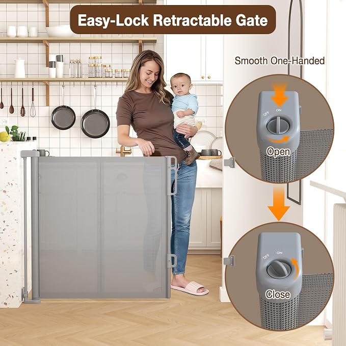 Upgraded 200 inch Retractable Baby Gates Extra Wide with Reinforced Strip Design to Prevent Crawling Through, 13 Foot Retractable Dog Gate, No Drilling, Retractable Gate for Indoor/Outdoor,Grey
