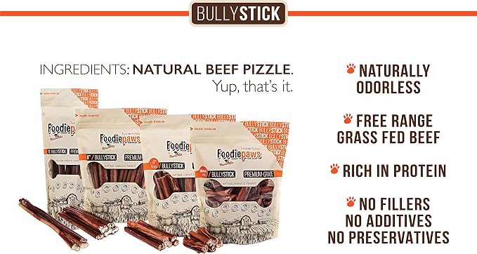 FOODIEPAWS 6 Inch Jumbo Bully Sticks for Dogs, 20 Pack | All Natural, Grass-Fed Beef Pizzle | Rawhide-Free, Odor-Free, Fully Digestible & Long Lasting Dog Chews | For Large Breeds & Aggressive Chewers