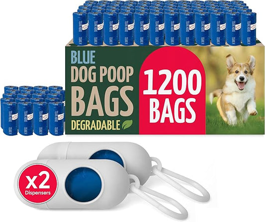 Reli. Biodegradable Dog Poop Bags Rolls (1200 Pack, 80 Rolls) | 9"x13" Poop Bags | Unscented, Leak Proof Oxobiodegradable Pet Waste Clean Up | Blue Eco-Friendly | 2 Leash Clip Holders Included
