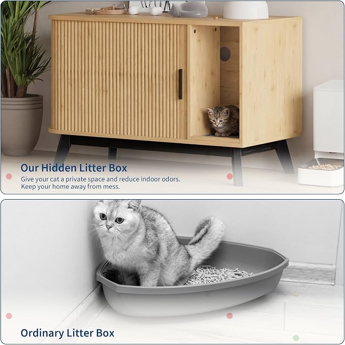 Garvee Cat Litter Box Enclosure, 39" Litter Box Enclosure Furniture Hidden Litter Box with Cat Litter Mat and Sliding Door, Modern Indoor Cat House, Side End Table for Living Room, Natural Wood Color