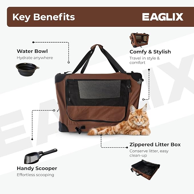 Large Cat Travel Carrier – Soft Sided Spacious Pet Carrier for Medium to Large Cats (Up to 25 lbs), Built-in Litter Box & Water Bottle, Car & Vet Travel, Foldable & Breathable – Brown