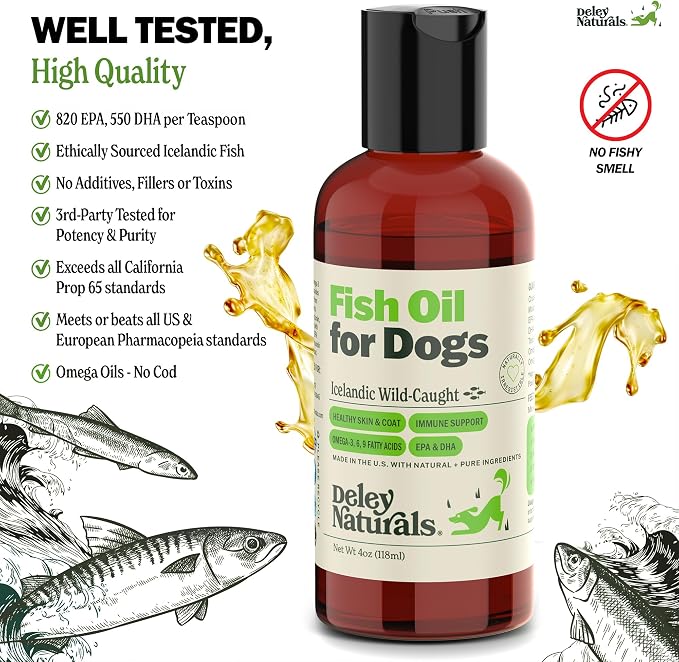 Deley Naturals Fish Oil for Dogs - Itch Relief for Dogs with Omega 3 6 9 for Skin, Joints, Heart and Brain Health - Icelandic Omega 3 Fish Oil for Dogs Skin Irritation - 4oz Omega Oil Made in USA