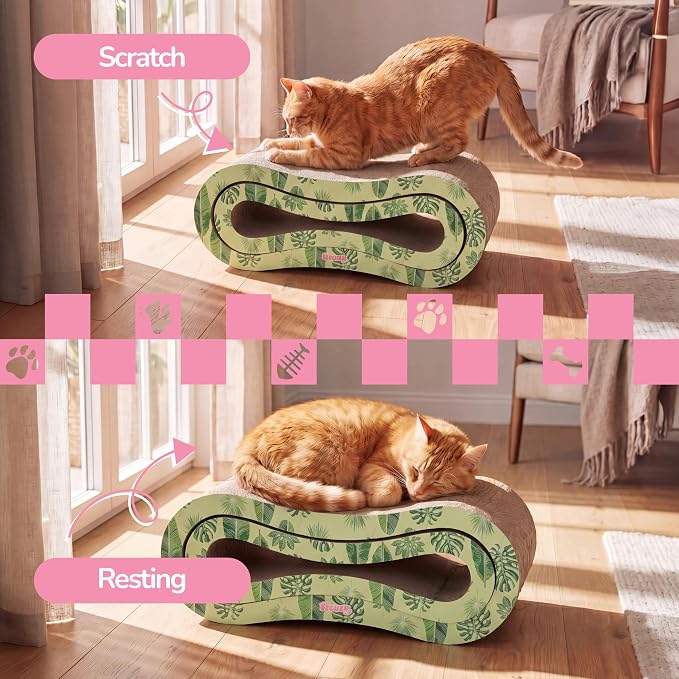 Suvi 26" Modern Cardboard Infinity 2-in-1 Lounge Bed Cat Scratcher with Catnip, Green Leaf, Corrugated Scratching Surface and Tunnel for Indoor Cats CSR1014I