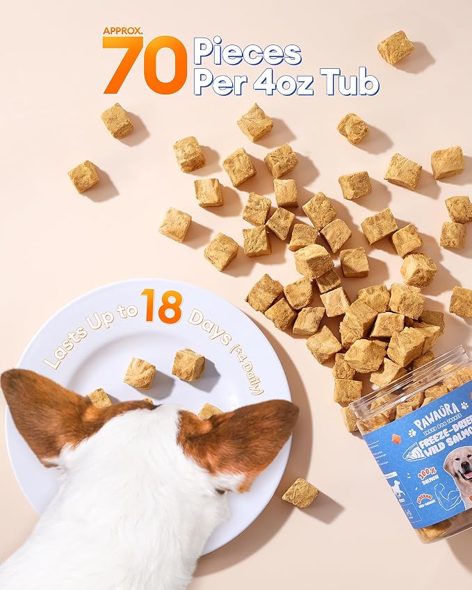 Freeze Dried Salmon Dog Treats - 100% Wild-Caught Single Ingredient, Whole-Cut Large Pieces –Grain-Free, High Protein Low Calorie, Omega-3 for Skin & Coat, Training Treats for All Dogs(4oz)