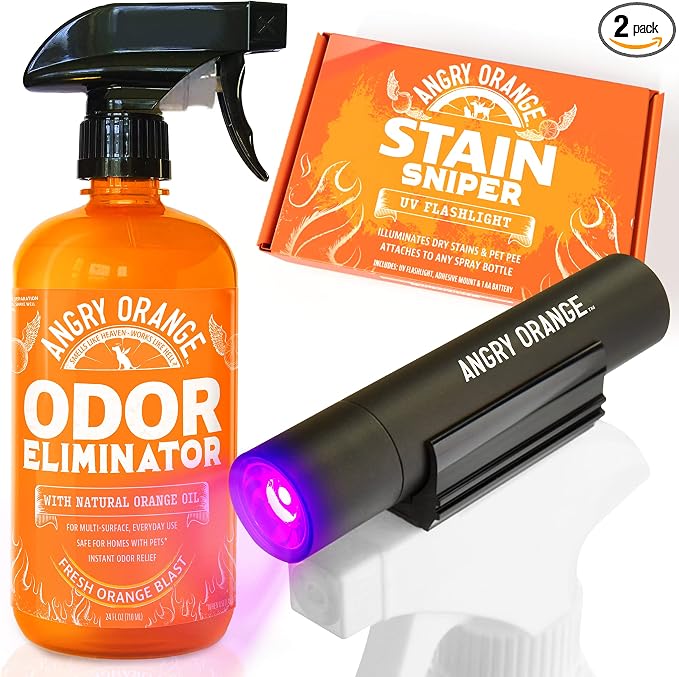 ANGRY ORANGE Pet Odor Eliminator Kit for Dog/Cat Urine, 24oz Citrus Odor Eliminator Spray and Stain Sniper Flashlight - Citrus Scent