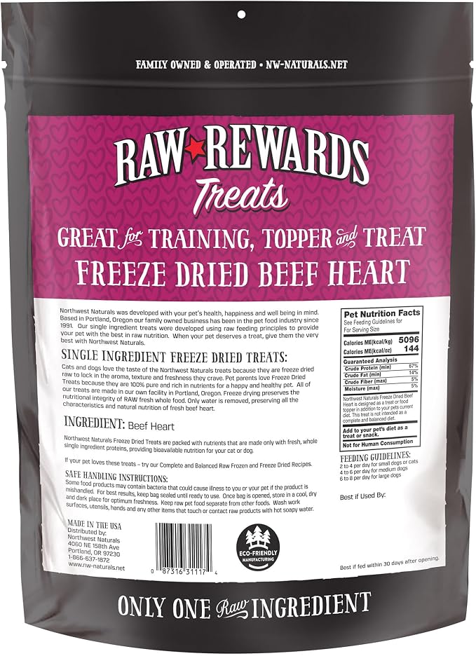 Northwest Naturals Raw Rewards Freeze-Dried Beef Heart Treats for Dogs and Cats - Bite-Sized Pieces - Healthy, 1 Ingredient, Human Grade Pet Food, All Natural, Proudly Made in USA, 10 Oz