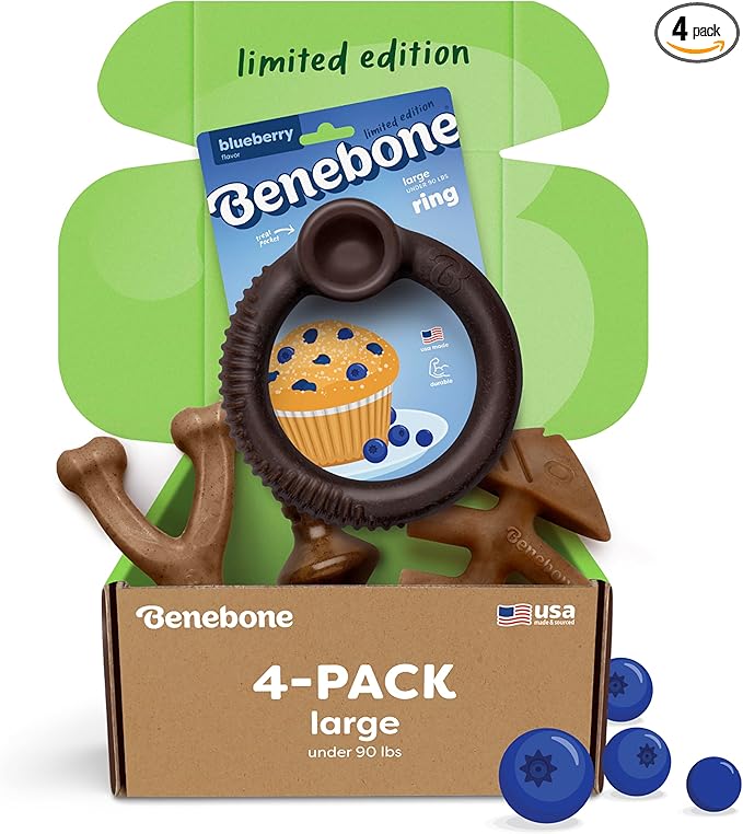 Benebone Limited Edition Blueberry Large 4-Pack Dog Toys for Aggressive Chewers, Durable Dog Bones, Made in USA, Dog Toys for Large Dogs Under 90 lbs