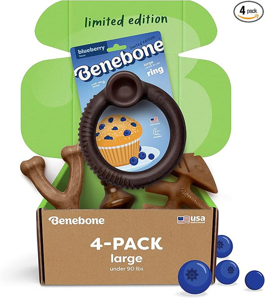 Benebone Limited Edition Blueberry Large 4-Pack Dog Toys for Aggressive Chewers, Durable Dog Bones, Made in USA, Dog Toys for Large Dogs Under 90 lbs